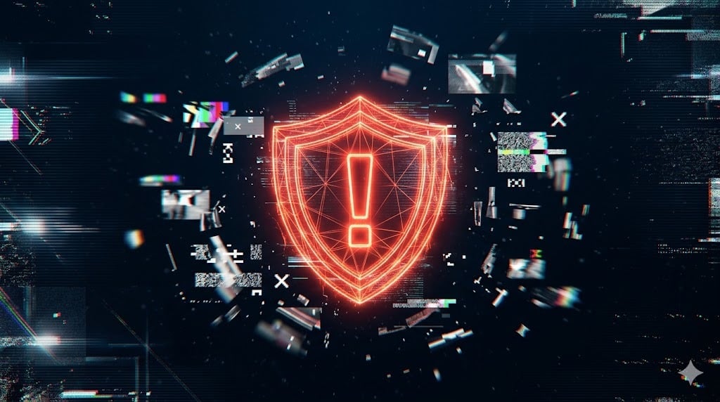 Escudo de alerta holográfico representando erros comuns ao usar IA em video marketing