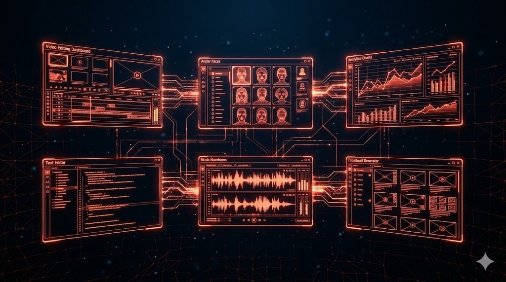 Grid de ferramentas de IA para produção de vídeo marketing incluindo editores avatares e analytics