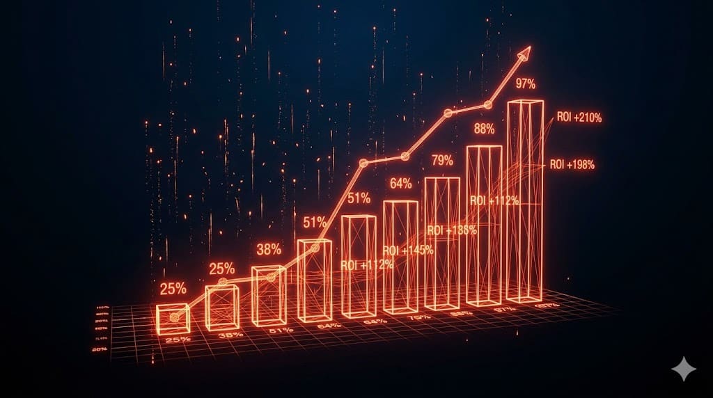 Gráfico holográfico de ROI e crescimento de resultados com video marketing e inteligência artificial