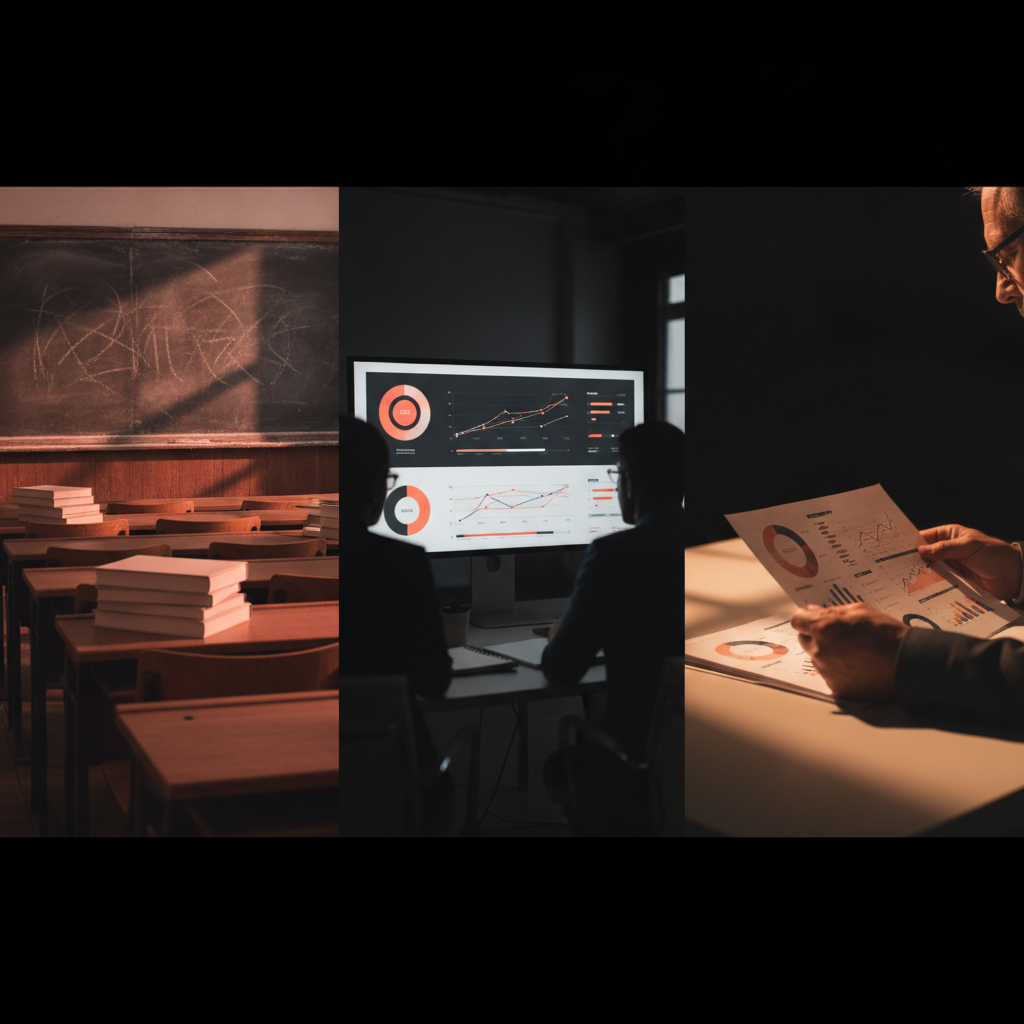 Equipe de marketing em reunião estratégica analisando dados de campanha em tela grande, ambiente corporativo, iluminação cinematográfica em tons escuros com detalhes em coral