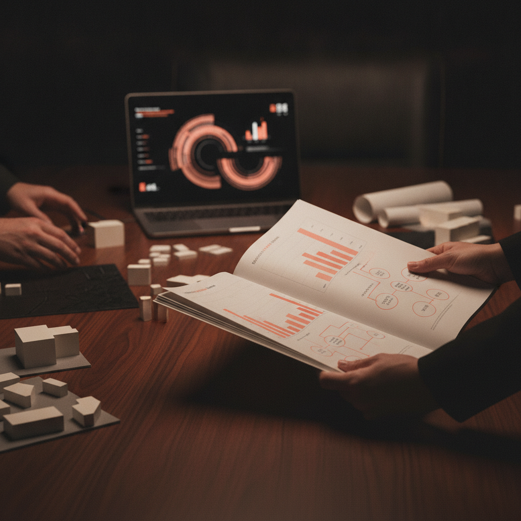 executivo analisando dashboard de marketing em tela, ambiente escuro com luz coral, contexto de diagnóstico de maturidade de marketing