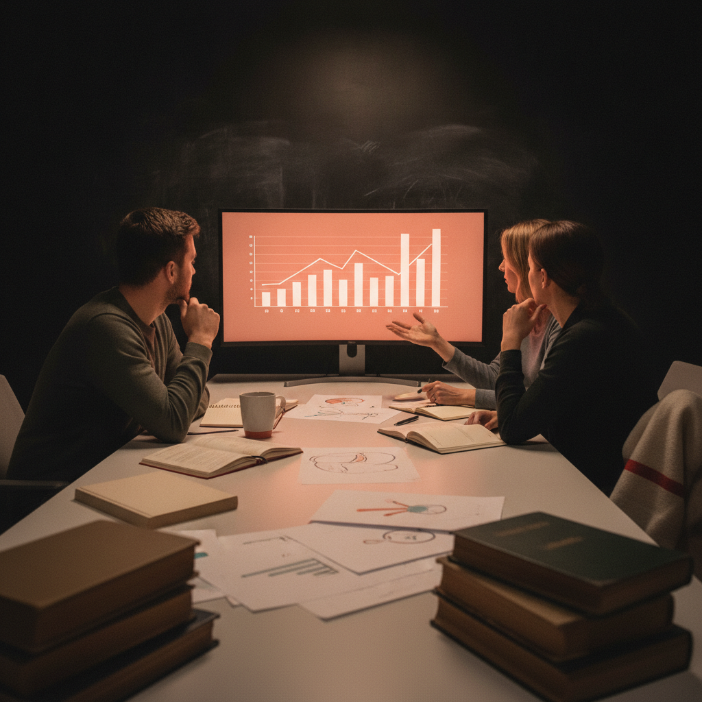 Reunião de equipe de marketing analisando dashboards de dados em tela grande, ambiente moderno com iluminação em tons escuros e destaque coral