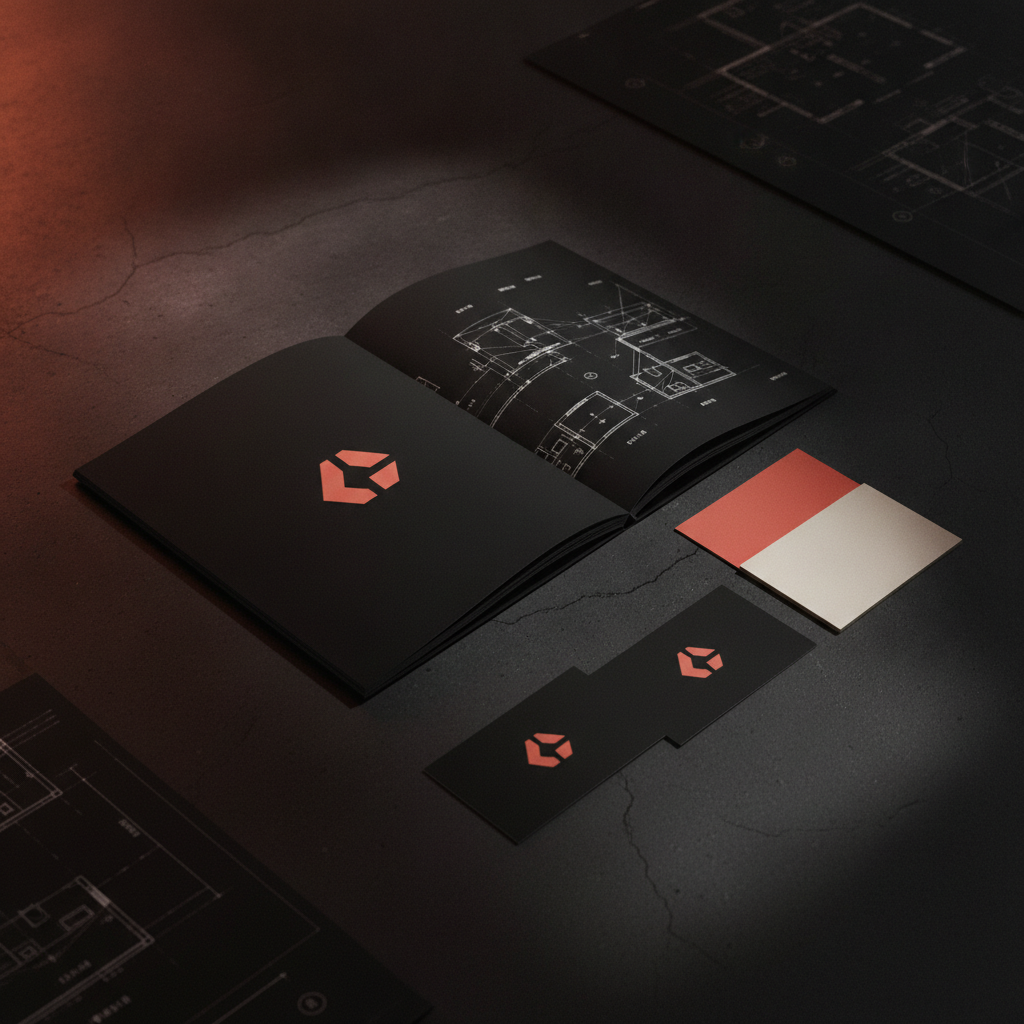 Materiais de identidade visual de incorporadora imobiliária com paleta sofisticada, logo e tipografia em fundo escuro
