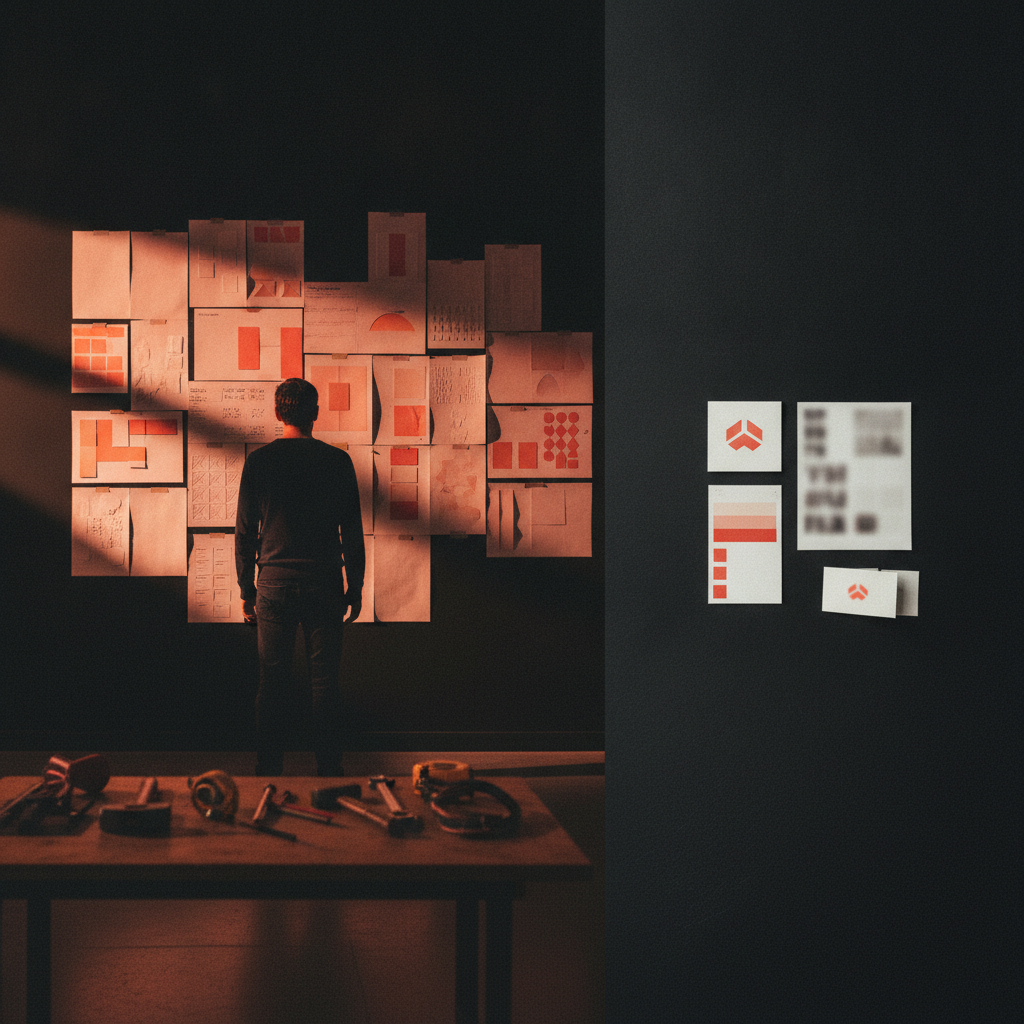 startup founder olhando para sistema de identidade de marca em parede, com elementos visuais e verbais organizados, paleta coral e preto