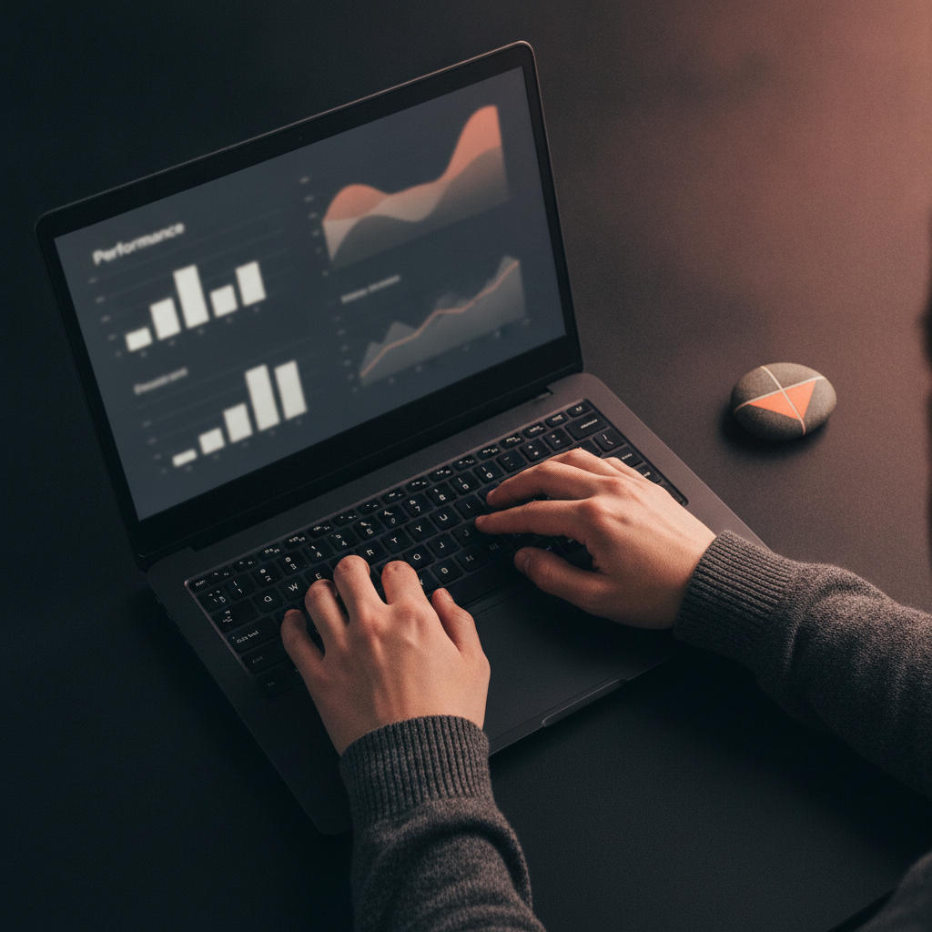 Gestora de marketing educacional analisando dashboard de captação de alunos em monitor, ambiente de trabalho moderno com paleta escura e detalhes em coral