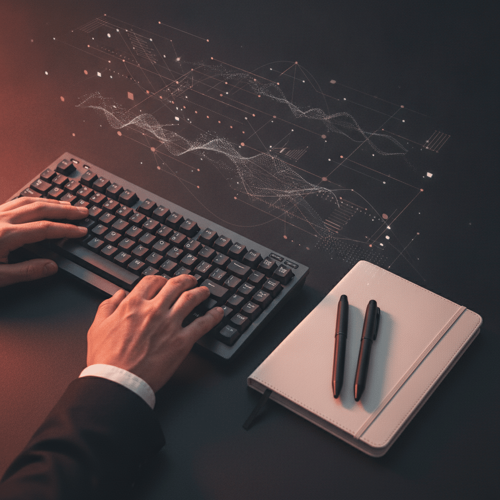 Profissional analisando relatório de visibilidade em plataformas de IA generativa, ambiente de trabalho moderno com tela escura e dados em coral