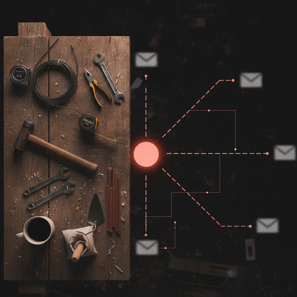 Fluxo de nurturing email segmentado por comportamento de lead, fundo escuro com elementos visuais em coral e off-white