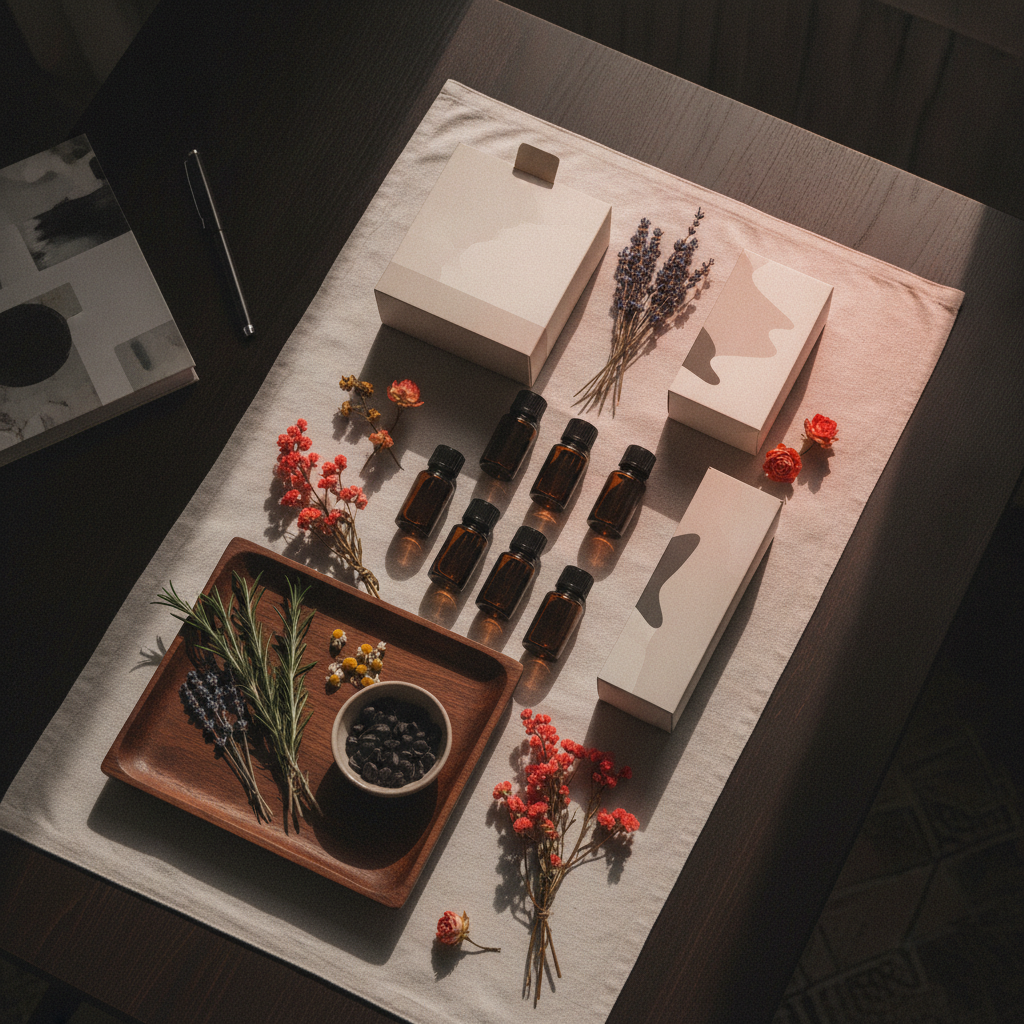 Frascos de óleos essenciais e produtos de aromaterapia em composição editorial com paleta coral e off-white, representando e-commerce de nicho com alta margem