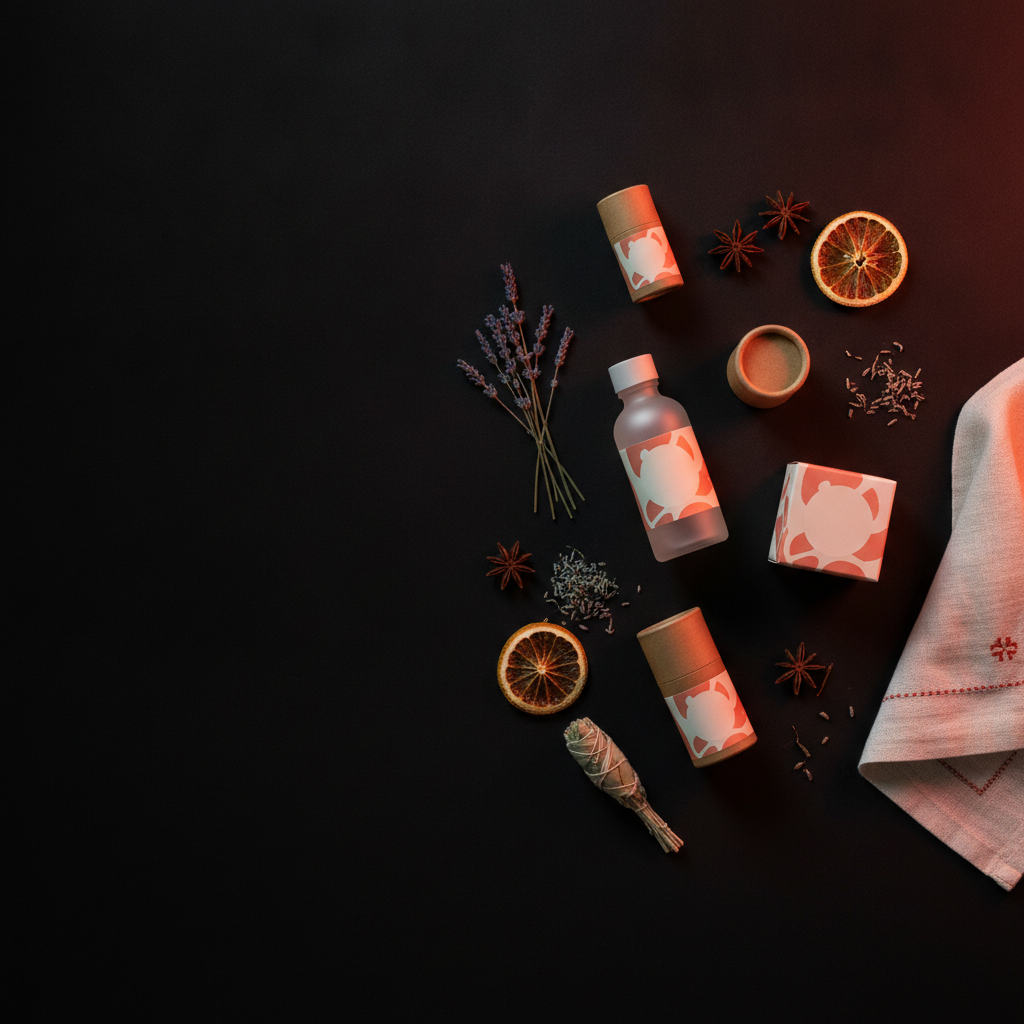 E-commerce de nicho com produtos de aromaterapia em fundo escuro com iluminação quente e paleta coral e off-white